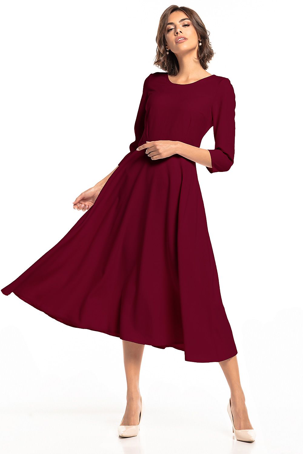 Elegant Tessita lightweight maxi dress in burgundy, featuring a classic round neckline and flowing silhouette, perfect for special occasions.