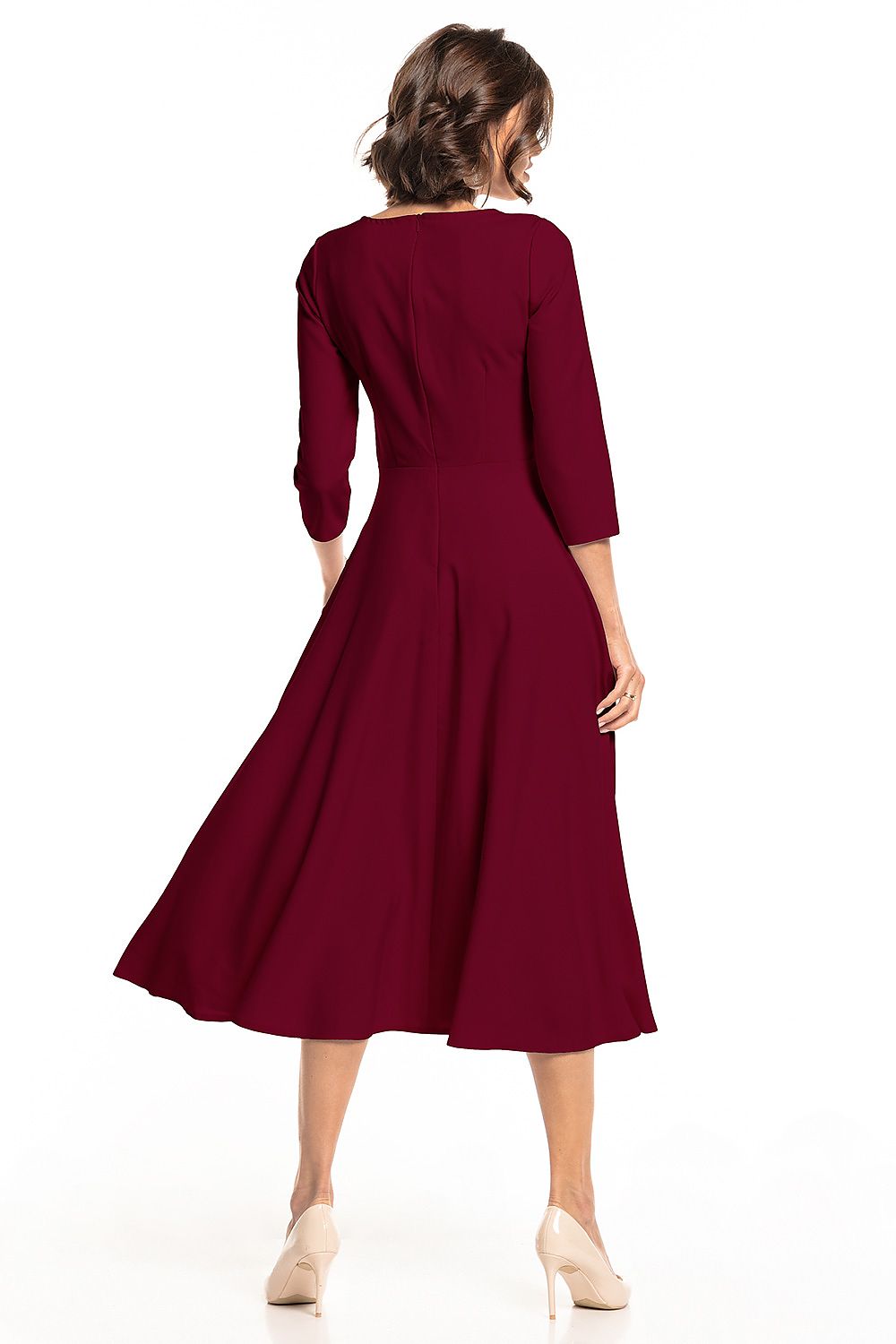 Back view of the Tessita lightweight maxi dress in burgundy, showcasing the covered zipper and graceful drape, ideal for versatile styling.