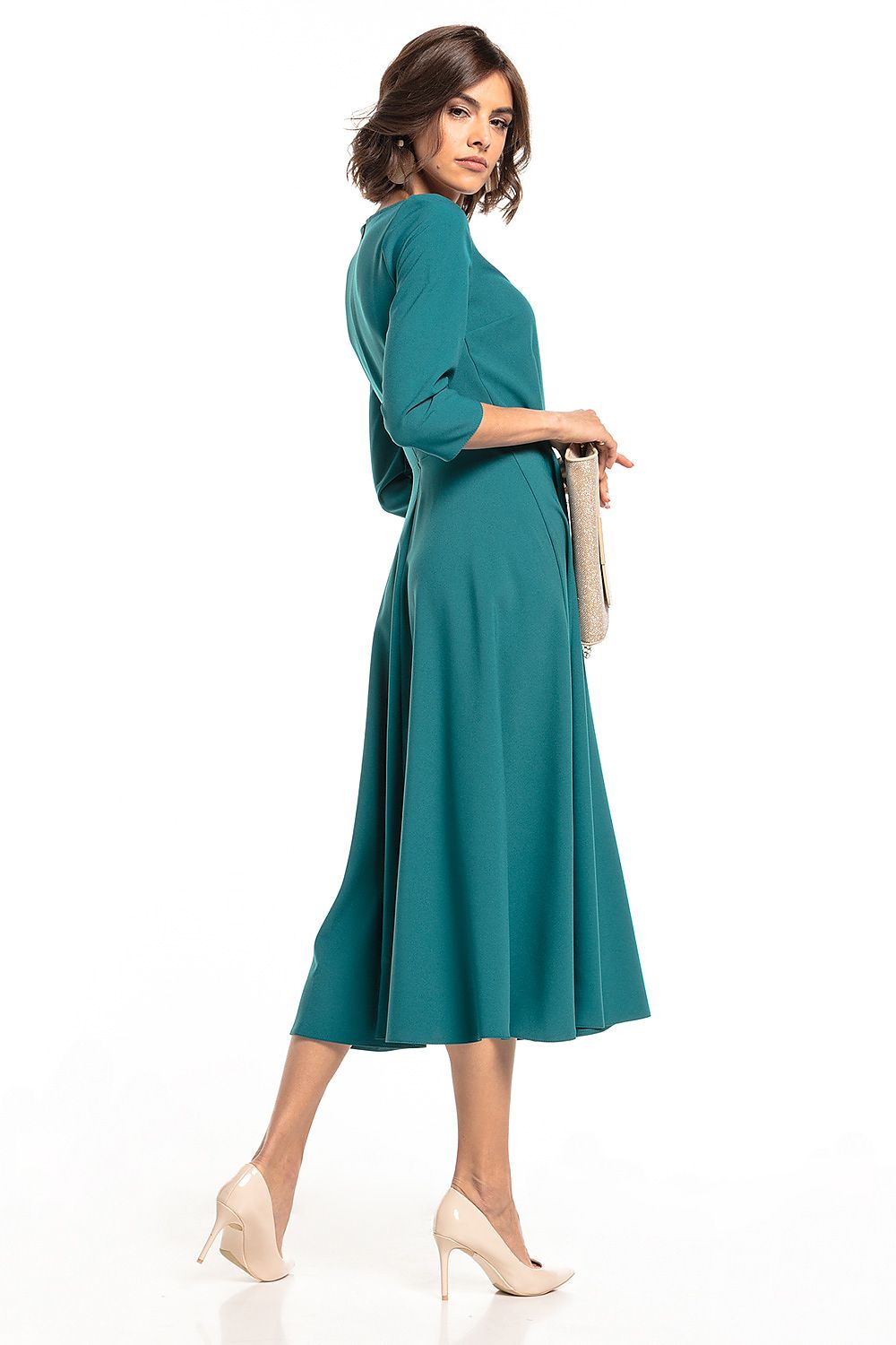 Back view of the Tessita lightweight maxi dress in teal, highlighting the sophisticated design and comfortable fit for any occasion.