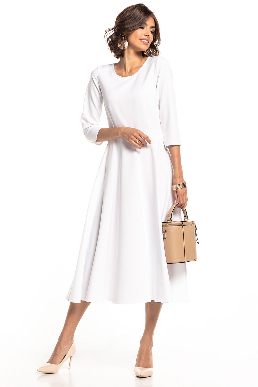 Chic and sophisticated Tessita lightweight maxi dress in pristine white, showcasing a stylish scoop neckline and flowing skirt, ideal for formal events.