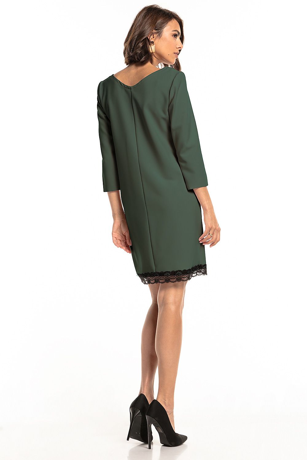 Close-up view of the Tessita Elegant Heart Neckline Daydress, featuring delicate lace trim at the hem and luxurious fabric composition.