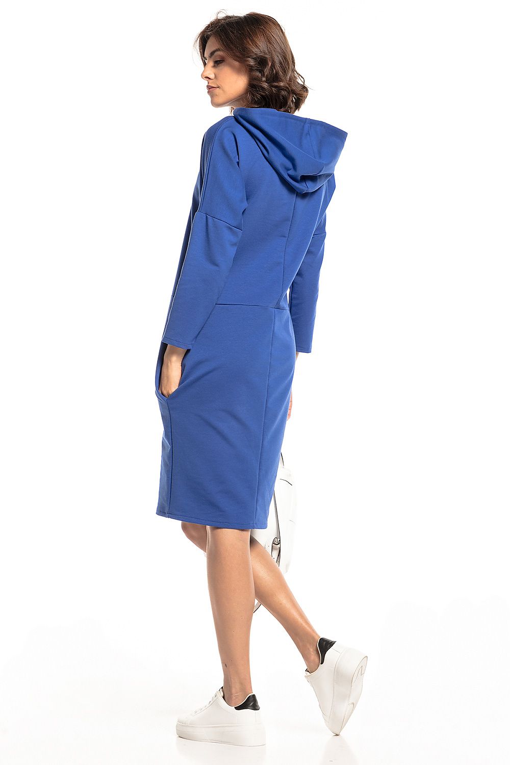 Refined Tessita Knit Hooded Dress in a cotton blend, combining comfort and style with unique slash detailing.