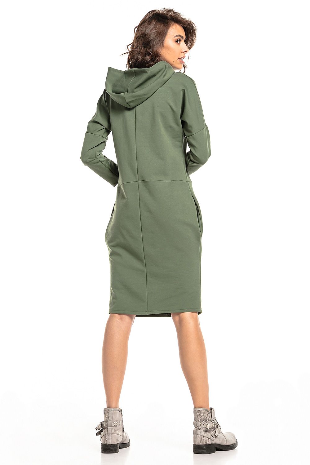 Elegant Tessita Knit Hooded Dress with Slashes, showcasing stylish seam pockets in a luxurious cotton blend.