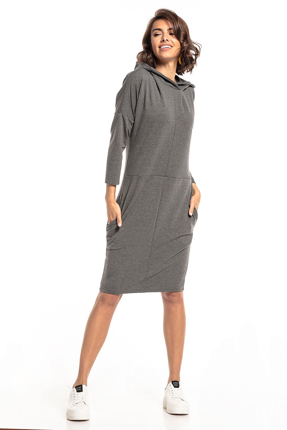 Refined Tessita Knit Hooded Dress with slashes and seam pockets, crafted in a premium cotton blend for luxury and comfort.