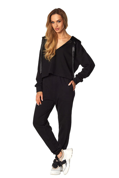 Luxury 2-piece cotton lounge set by Rossli featuring a satin hooded blouse and elastic trousers in classic black for sophisticated relaxation.