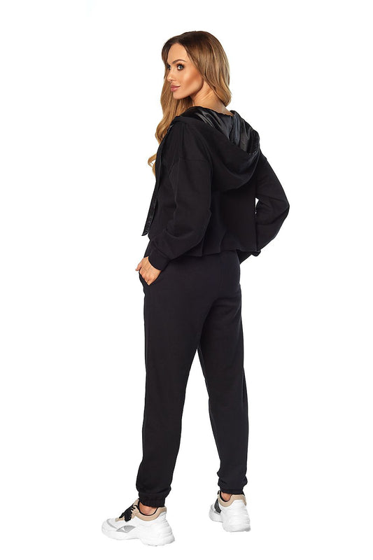 Elegant long-sleeved hooded blouse made from high-quality cotton with silver satin lining, part of the Rossli luxury lounge set in classic black.