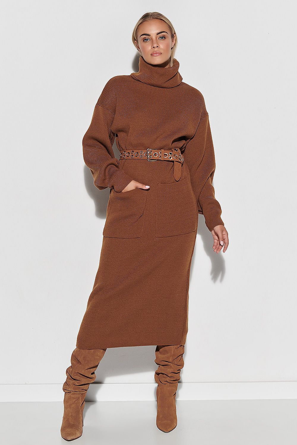 Elegant long acrylic daydress by Makadamia featuring a stylish turtleneck and practical front pockets, perfect for tall women who appreciate luxury fashion.