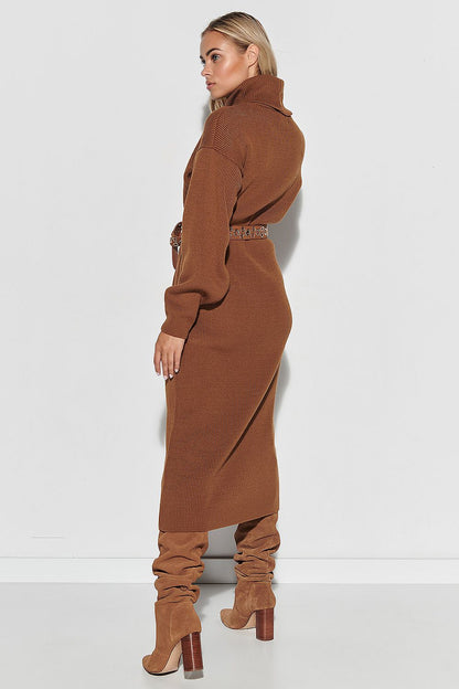 Sophisticated look of Makadamia's long acrylic daydress, designed for tall women, showcasing its chic turtleneck and pockets for an upscale everyday outfit.
