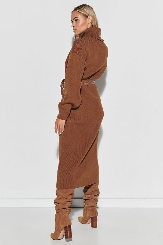 Sophisticated look of Makadamia's long acrylic daydress, designed for tall women, showcasing its chic turtleneck and pockets for an upscale everyday outfit.