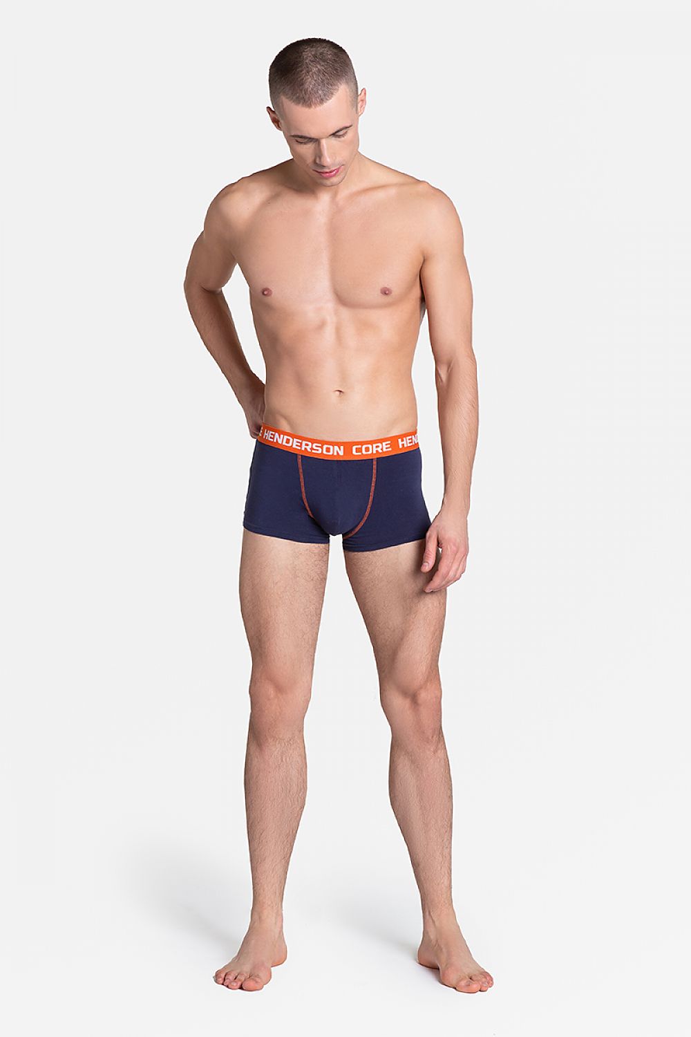 Henderson Loyd Men's Briefs 2-Pack featuring a sporty close-fitting cut, showcased by a model wearing navy briefs with a vibrant orange waistband, perfect for modern comfort.