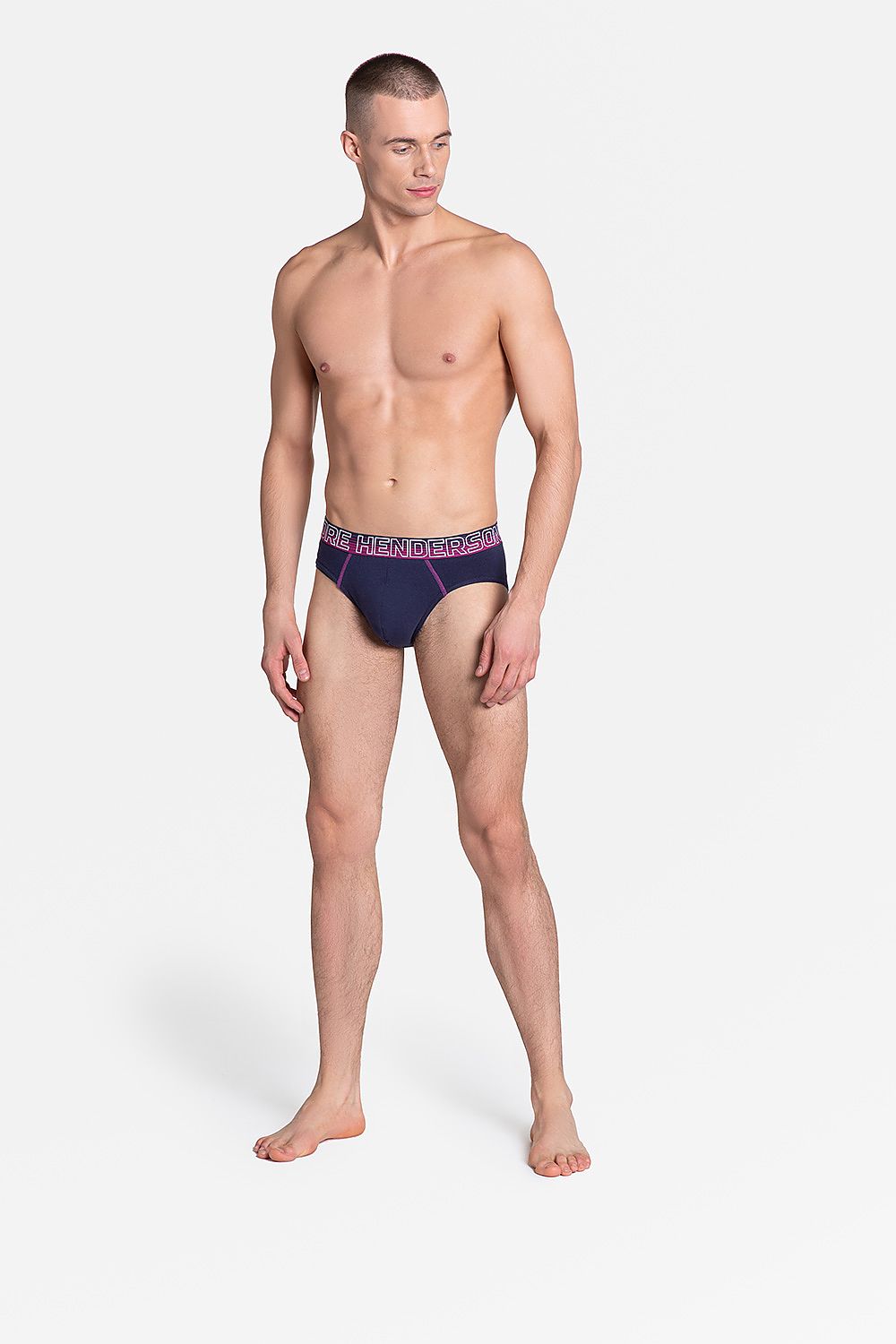Elegant Henderson Men’s Briefs Set in Pink and Navy Blue showcases a sporty style, crafted from a quality cotton and spandex blend, designed for comfort and individuality.