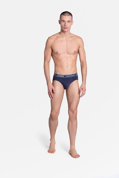 A model showcasing luxury Henderson men's cotton briefs in navy blue, part of the 2 Pack Grey & Navy Blue collection, featuring a classic and comfortable design.