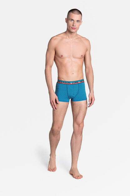 Henderson 2-Pack Men's 2-in-1 Boxer Shorts featuring a stylish patterned design, ideal for comfortable spring wear. Luxuriously crafted from 95% cotton and 5% spandex, model showcases the vibrant blue boxers with an eye-catching elastic waistband.