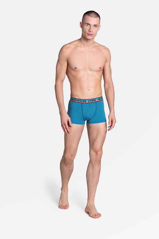 Henderson 2-Pack Men's 2-in-1 Boxer Shorts featuring a stylish patterned design, ideal for comfortable spring wear. Luxuriously crafted from 95% cotton and 5% spandex, model showcases the vibrant blue boxers with an eye-catching elastic waistband.