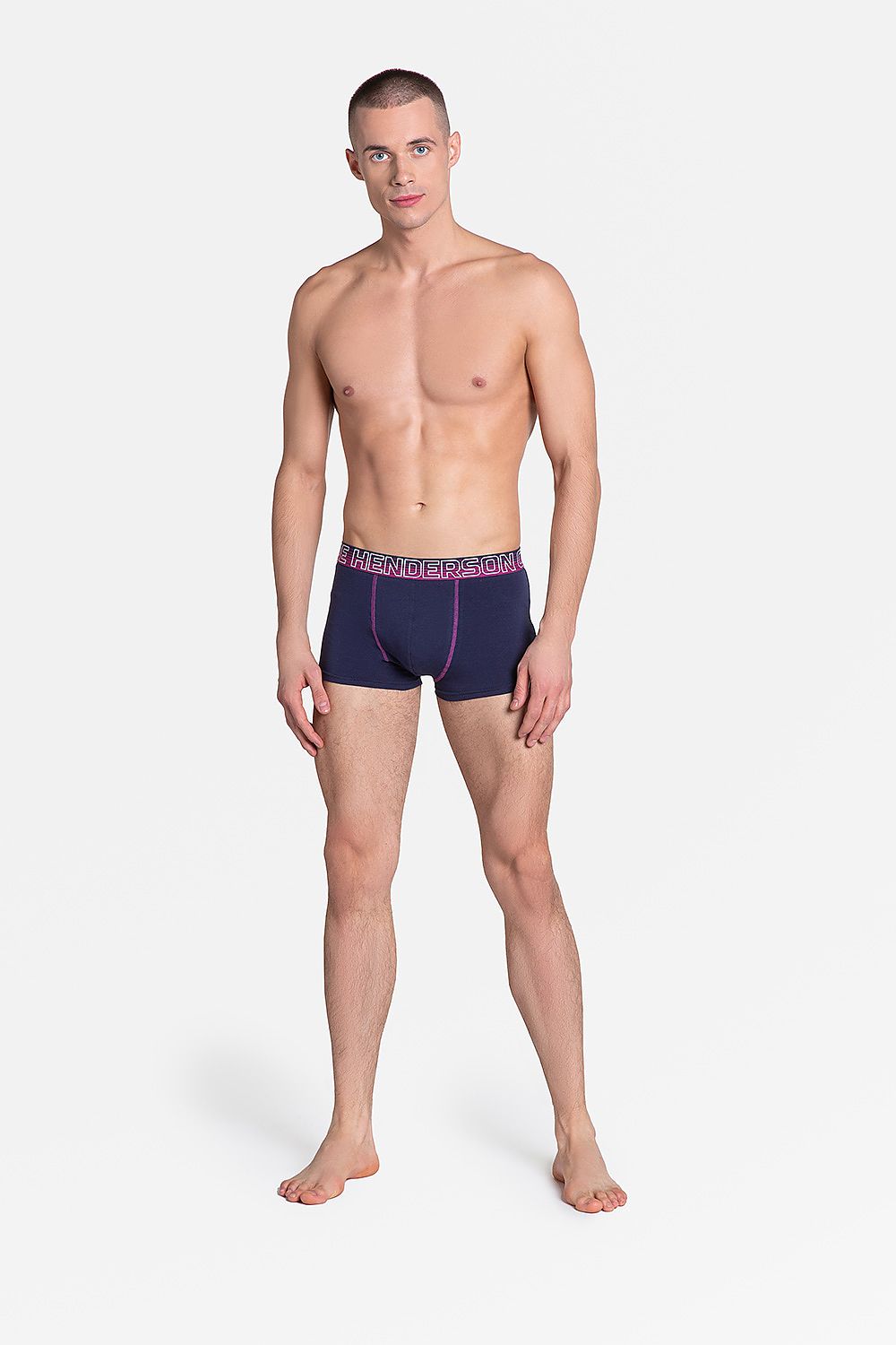 Elegant Henderson Men's Boxer Shorts in Navy Blue, a part of the soft cotton and spandex blend collection, showcasing a sleek design with an elastic waistband and logo.