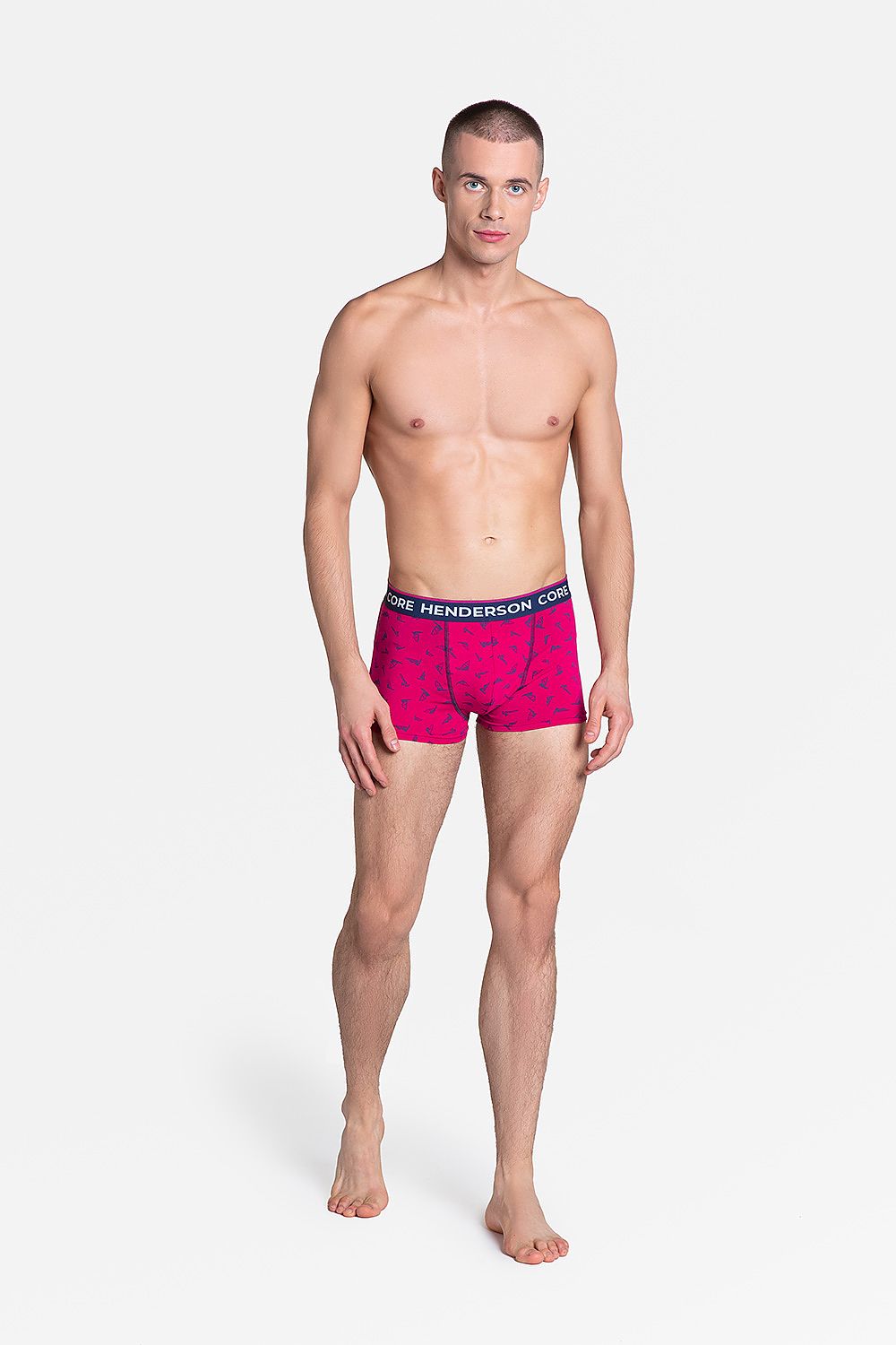Henderson Men's Boxers in Dark Red and Navy Blue, showcasing a sporty cut with a contoured front and printed waistband, model displayed wearing the luxurious underwear with a confident pose.