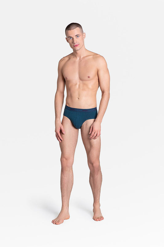 Elegantly showcasing Henderson Premium Men's Briefs - Comfortable Cotton Knit with Unique Mosaic Pattern, this image features a model wearing sophisticated dark cotton knit briefs that embody modern underwear fashion trends.