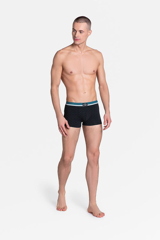 Henderson Premium Men's Dark Cotton Boxers featuring a stylish duo-colour waistband, modelled by a handsome man, showcasing the luxurious fabric and modern design.