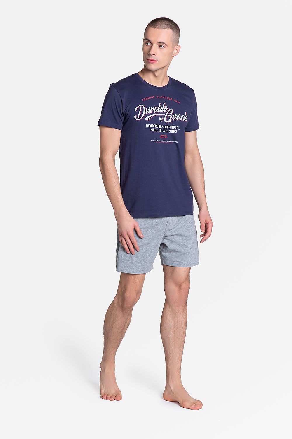 Luxury Henderson Sporty Style Pyjamas Set showcasing a navy T-shirt with 'Durable by Goods' print and light grey knee-length shorts, combining elegance with relaxation.