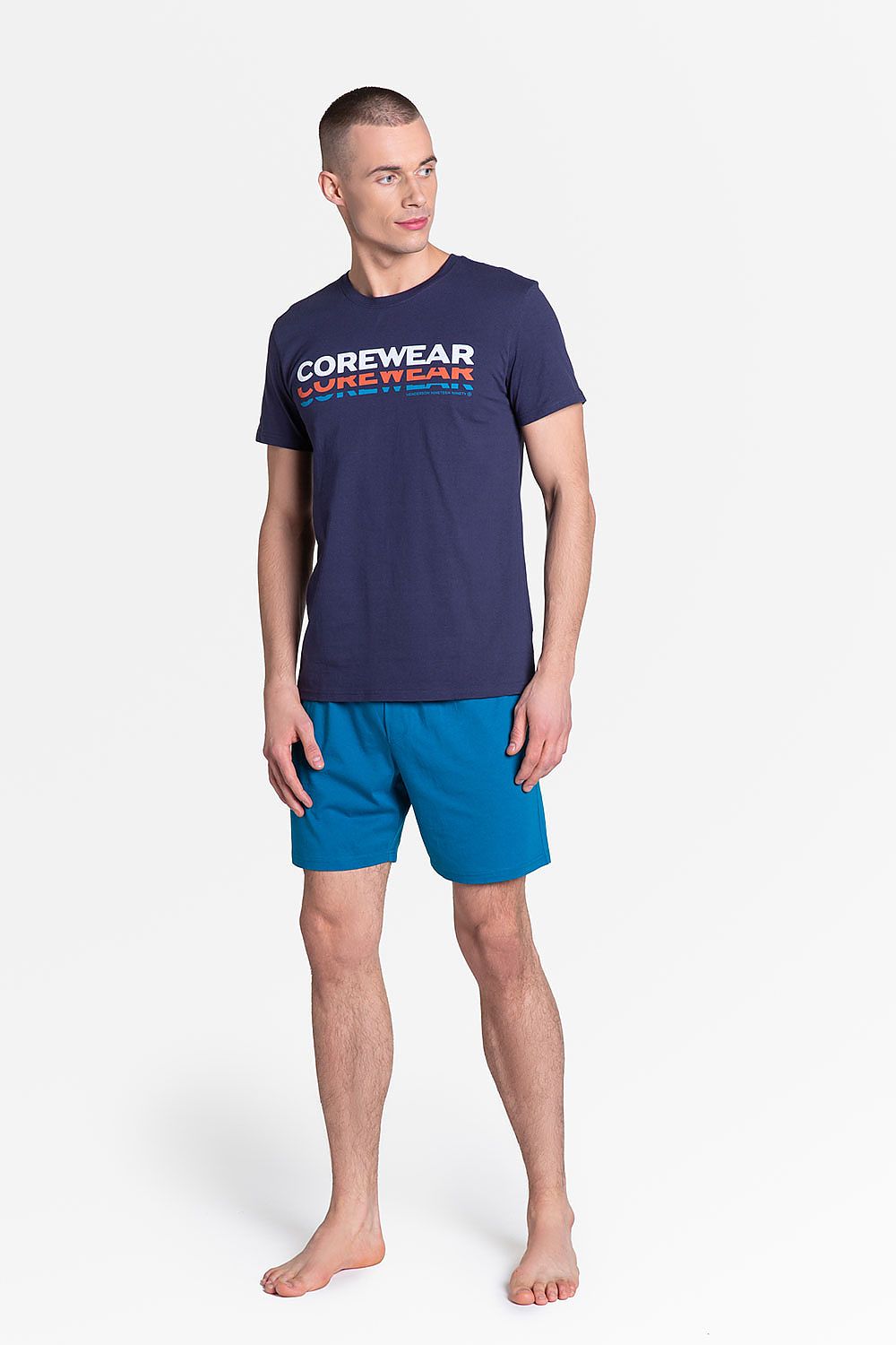 Luxury Henderson Men's Cotton Pyjamas Set showcasing a comfortable short-sleeved T-shirt paired with vibrant knee-length shorts, ideal for relaxing in style.