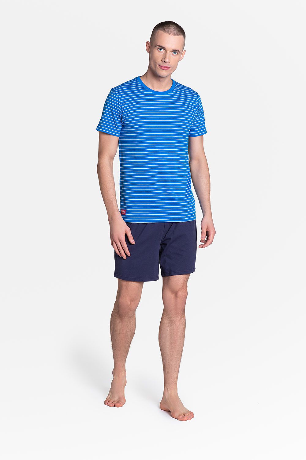 Luxury Henderson Men's Cotton Pyjamas in a blue striped design. The two-piece set features a comfortable t-shirt and shorts, combining sports elegance with timeless style for a luxurious nightwear experience.