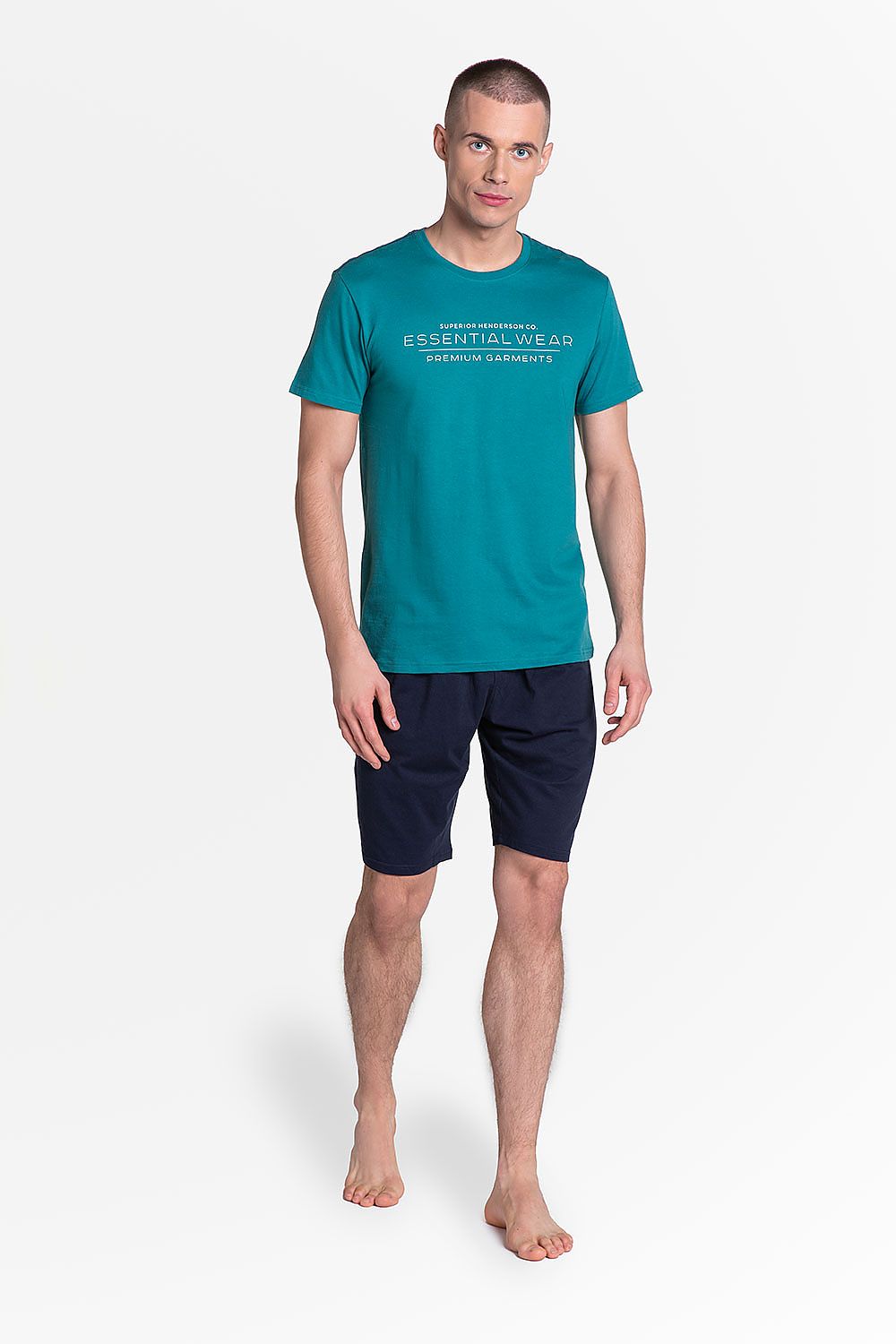 Henderson Premium Cotton Pyjamas Set featuring a stylish turquoise sporty T-shirt and comfortable knee-length trousers, perfect for luxurious relaxation.