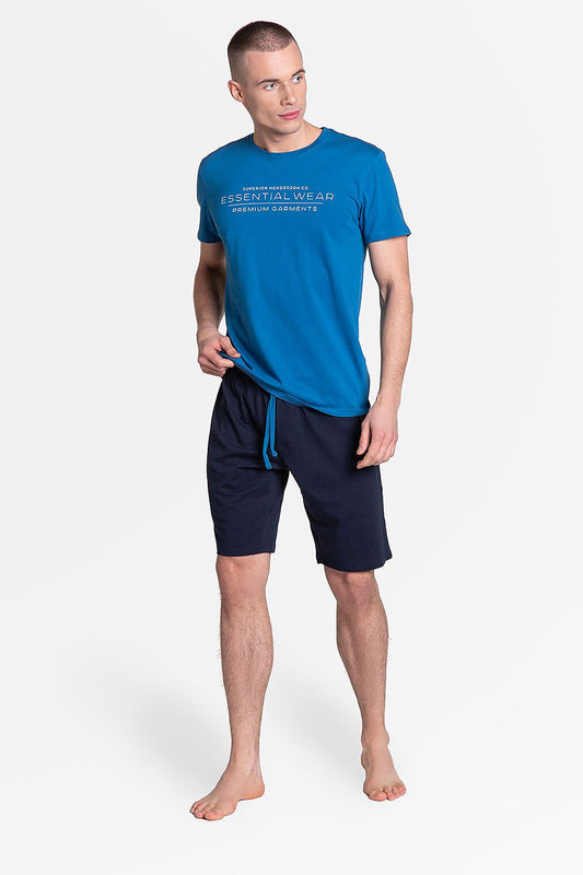 Henderson Premium Cotton Pyjamas Set showcasing a refined blue sporty T-shirt paired with elegant knee-length trousers, ideal for a sophisticated night in.