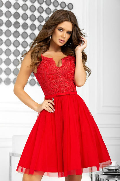 Bicotone Elegant Lace Evening Dress with Flared Hem and Stylish Belt presented in vibrant red, featuring exquisite lace details and a beautiful flared silhouette, ideal for upscale events.
