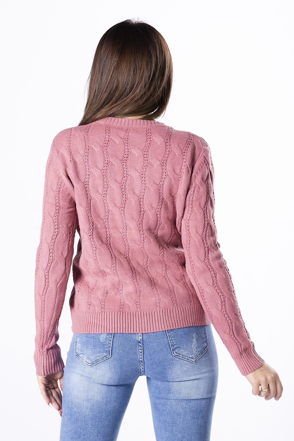 Vittoria Ventini Soft Weave Jumper - Elegant Spring Sweater in Luxurious Viscose Blend, featuring a back view of the model, showcasing the sweater's delicate weave and flattering fit in an elegant pink colour.