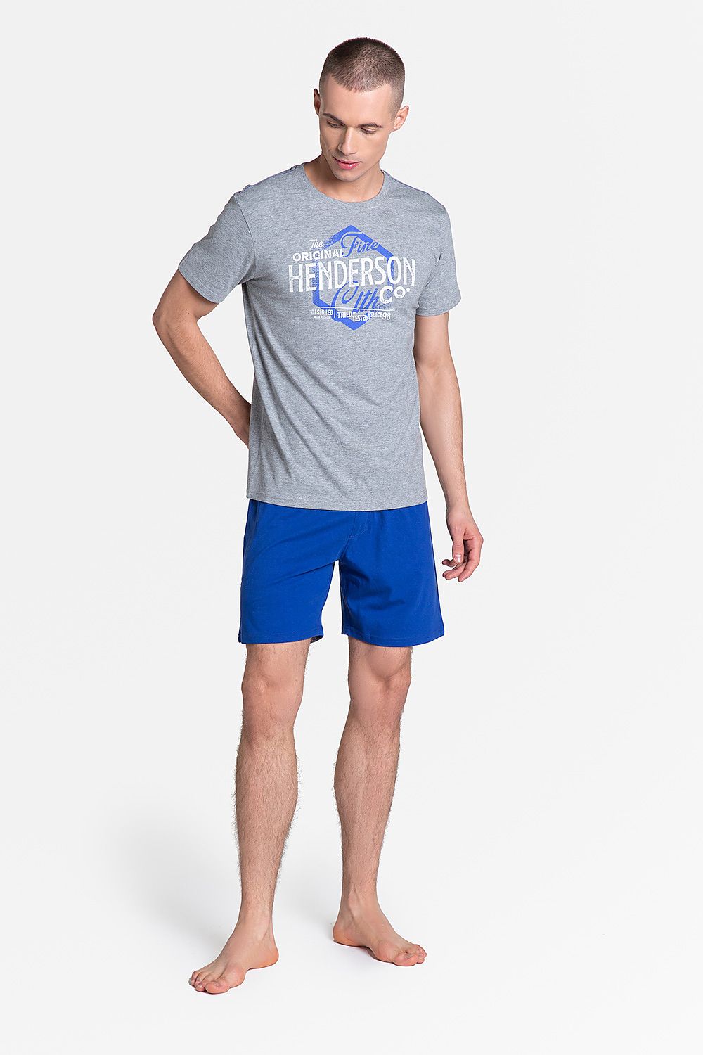 Henderson Lars Grey and Blue Two-Piece Pyjama Set featuring a stylish grey top with a blue graphic print and matching blue shorts, designed for ultimate comfort and elegance.