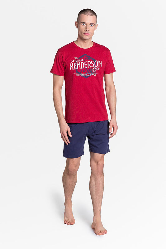 Henderson Lars Red and Navy Two-Piece Pyjama Set showcasing a luxurious red top with a bold graphic design, paired with sophisticated navy shorts, perfect for a relaxing evening.