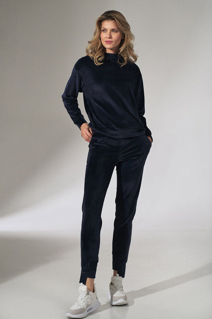 Elegant Figl Pink Velour Tracksuit Trousers with Tapered Legs and Drawstring Waist, demonstrated in a refined ensemble, perfect for casual luxury.