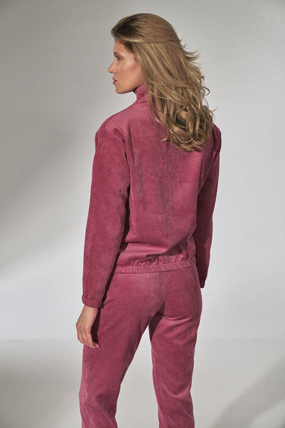 Figl Women's Pink Corduroy Collar Blouse with Decorative Zipper - Stylish Long Sleeve Top, featuring a model from the back showcasing the elegant design and rich texture.