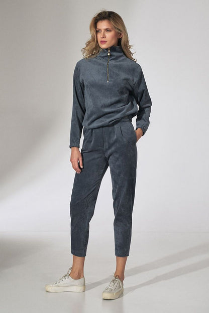 Figl Women's Pink Corduroy Collar Blouse with Decorative Zipper - Stylish Long Sleeve Top, displaying a model in a composed stance, adorned in a stylish grey ensemble with a zip-up collar.