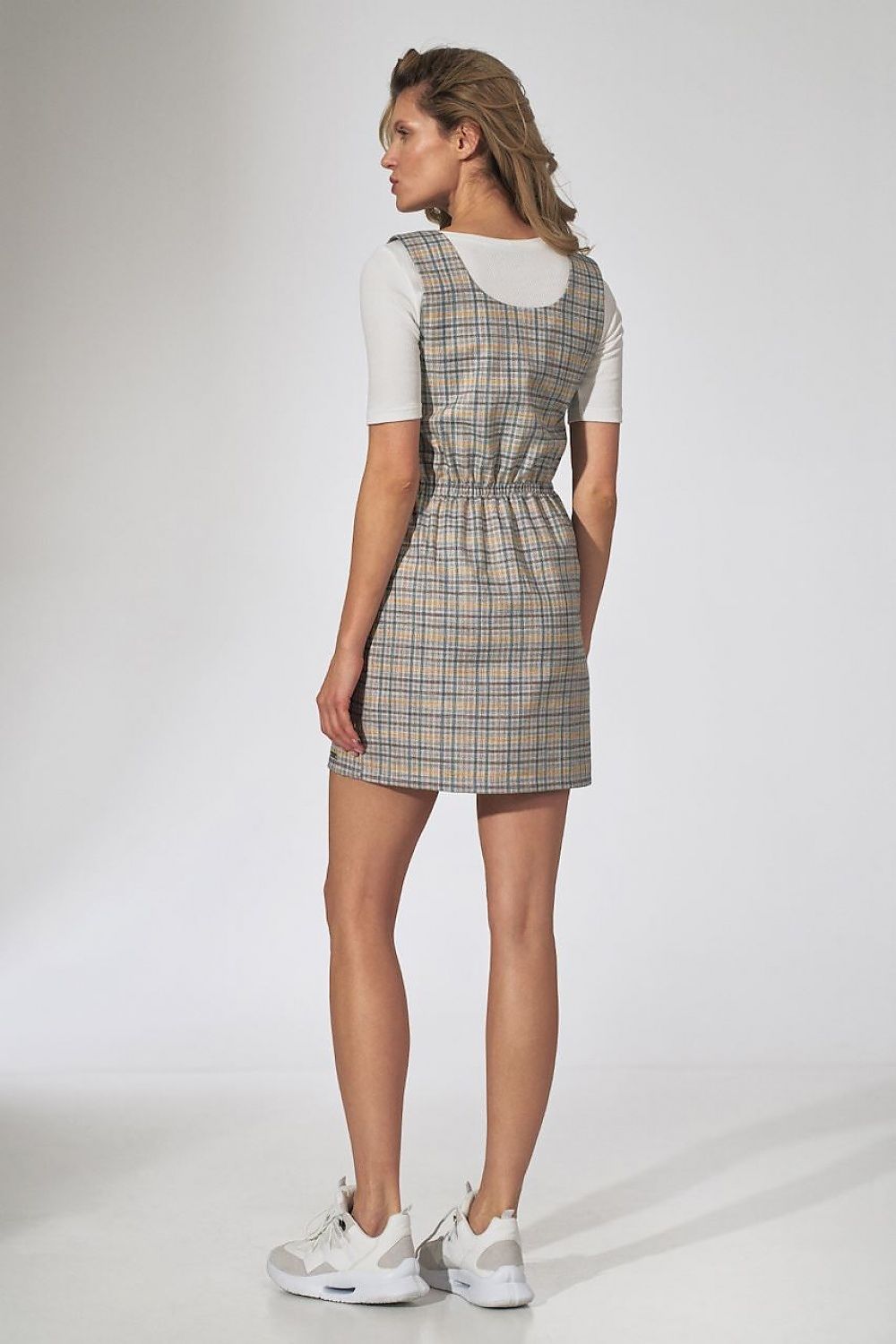 Back view of the Figl Checked Midi Dress with Decorative Buttons and Pockets, highlighting the tailored design and comfortable fit on a model.