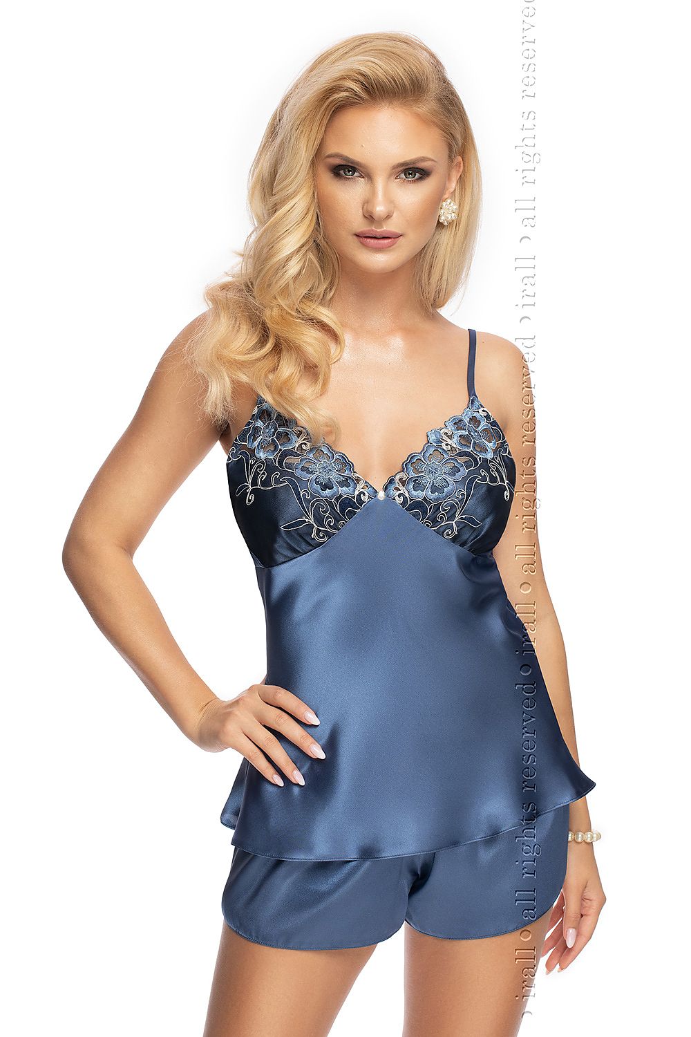 Irall Premium Satin Nightwear Set - Luxurious Plum Two-Piece with Adjustable Straps and Tulle Detail, displayed on a model in a rich blue variant, showcasing its elegant satin finish and intricate floral embroidery.