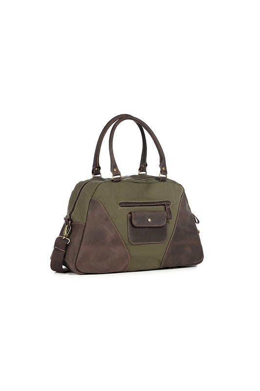 Elegant Verosoft Tiara Canvas Shoulder Bag showcasing a spacious trapezoid design in olive green with luxurious old look leather accents and an adjustable strap.