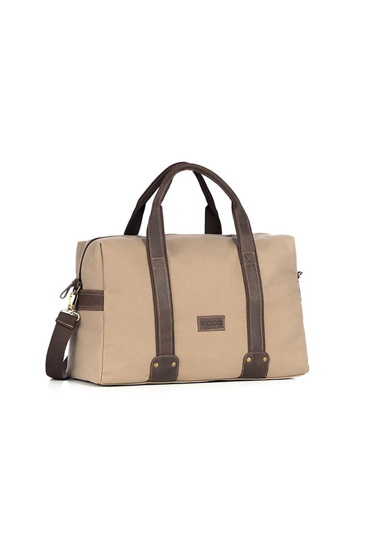 Luxury Verosoft cotton canvas and leather handbag, spacious design suited for weekends and travel. Elegant beige colour with rich brown leather handles, perfect for stylish individuals.