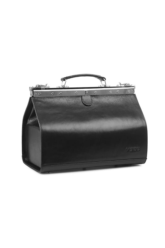 Elegantly designed VOOC Prestige PK1 36cm genuine leather doctor's trunk bag with brass clasp, showcasing premium craftsmanship and luxurious black leather by Verosoft.
