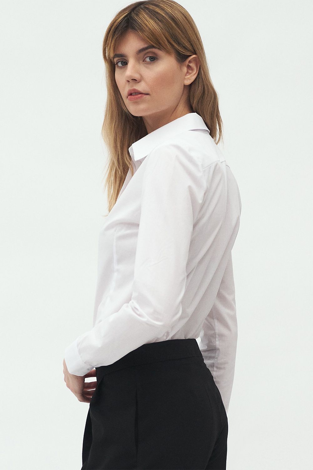 Elegant Long Sleeve Cotton Blend Shirt by Nife - Classic Fit with Two-Button Sleeves displayed from a side view, highlighting the refined fit and premium material.