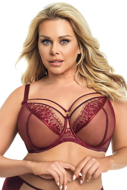 Luxurious burgundy soft underwired bra by Gorsenia Lingerie, featuring intricate lace detailing and a sophisticated design, ideal for medium to large breasts.