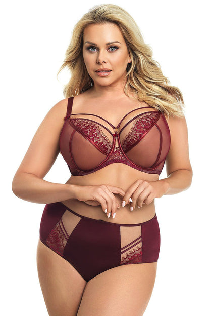 Elegant Gorsenia Lingerie burgundy underwired bra complemented by matching high-waisted panties, designed for a flattering fit for medium to large breasts.