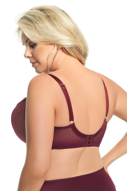 Stylish back view of the Gorsenia Lingerie burgundy soft underwired bra, showcasing the premium craftsmanship and comfortable fit for medium to large breasts.