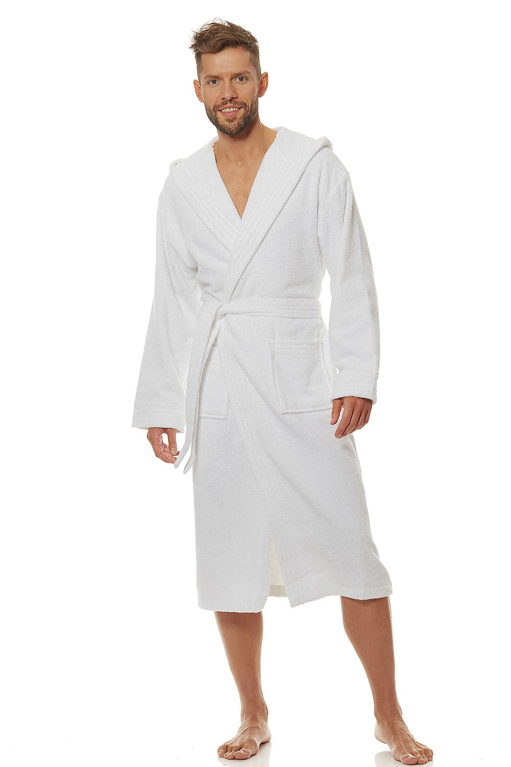 Luxury 100% Cotton White Men's Bathrobe With Hood, Pockets by L&L collection, elegantly worn by a model showcasing comfort and style.