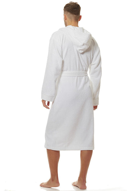 Back view of the Luxury 100% Cotton White Men's Bathrobe With Hood, Pockets by L&L collection, highlighting its soft material and stylish design.