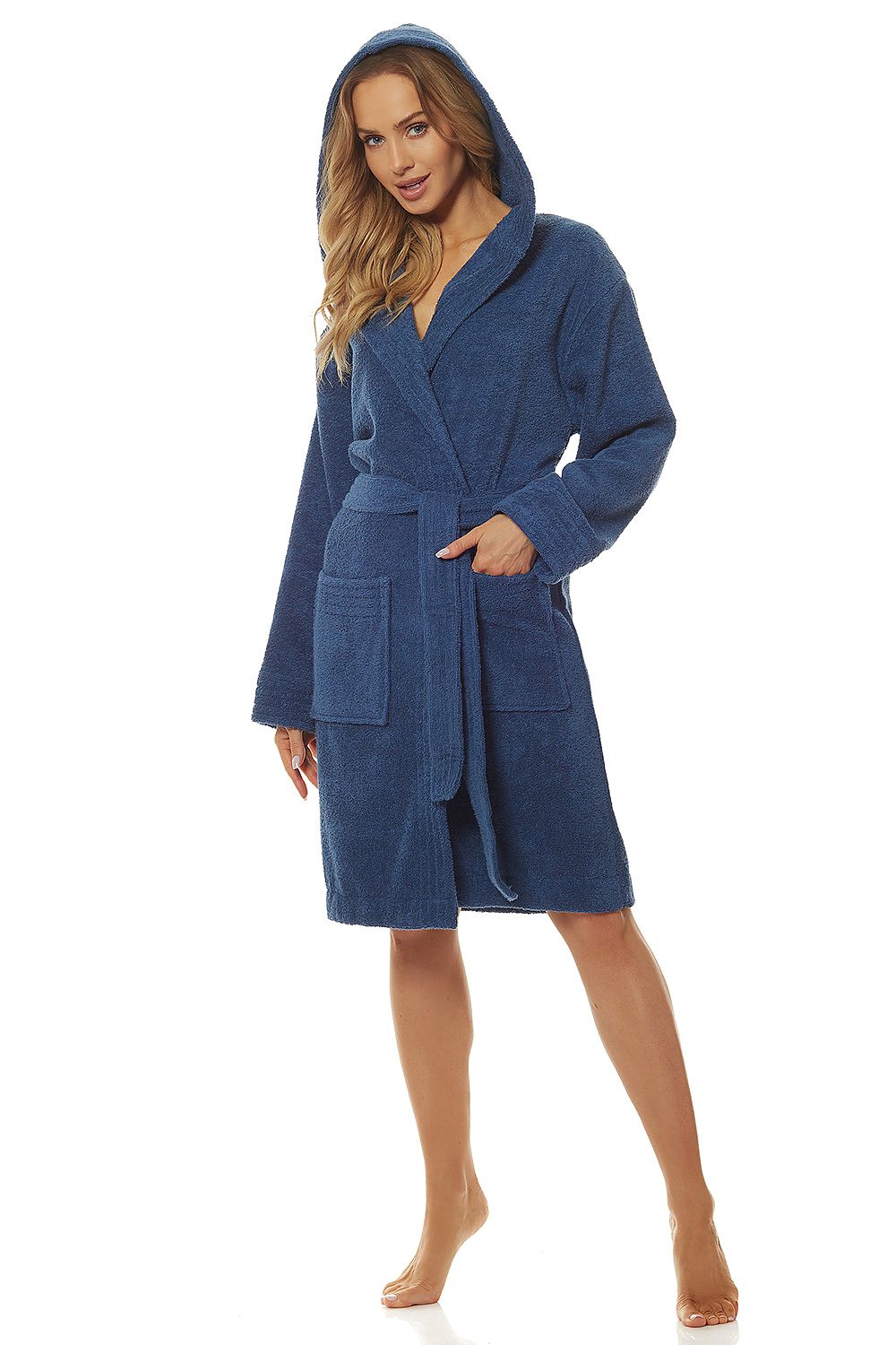 Luxurious soft terry cotton bathrobe with hood, tie waist and pockets from L&L Collection, model showcasing the front view in rich blue.
