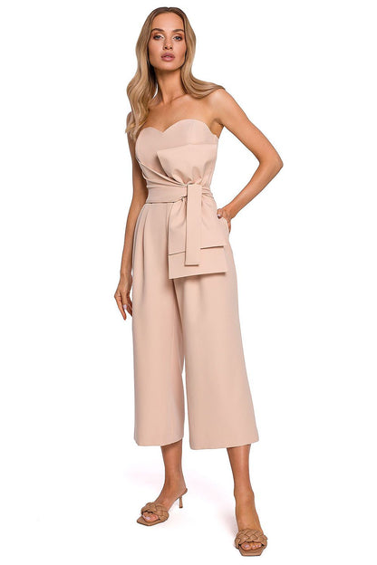 Luxury Moe Corset Suit with Draped Bow, featuring a stylish strapless design and wide legs, elegantly complemented by a zip closure. Available in sizes S to XXL.