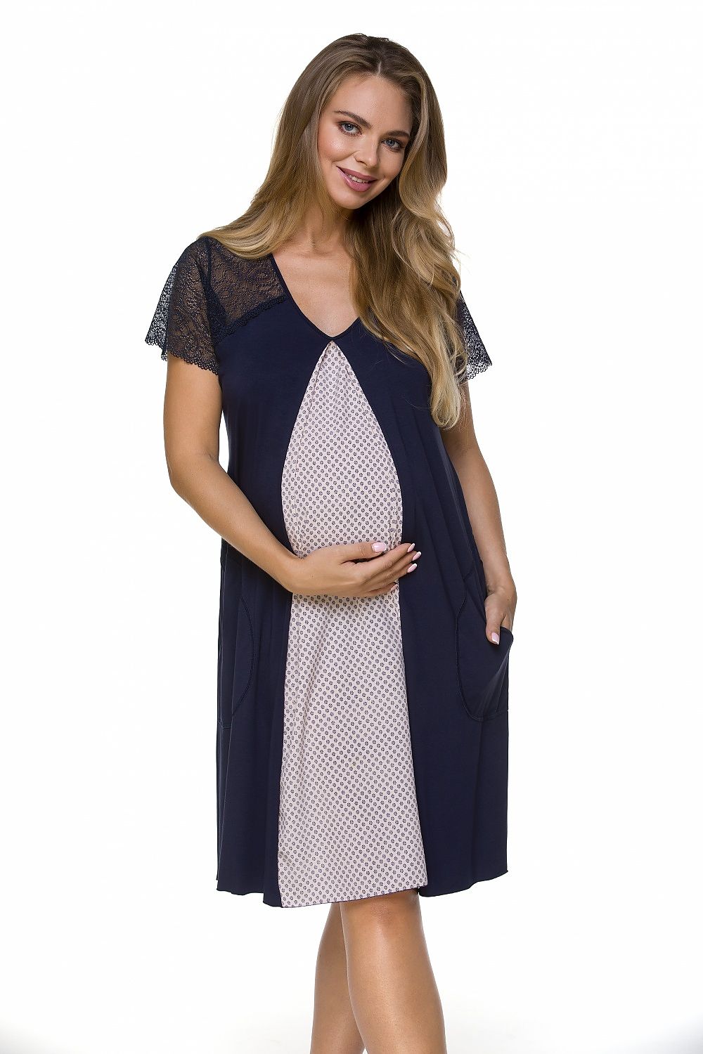 Elegant Lupo Line Maternity Nightshirt with Lace Sleeves and Pockets, showcasing stylish comfort for expecting mothers, presented on a smiling model.