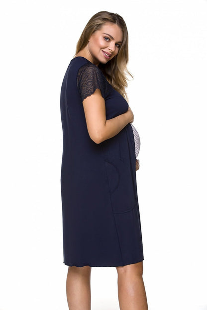 Chic Lupo Line Maternity Nightshirt with Lace Sleeves, highlighting the back view and luxurious design, perfect for modern expecting mothers.