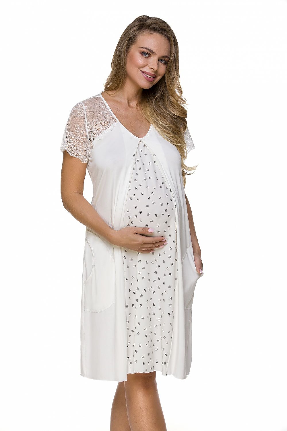 Elegant Lupo Line maternity nightshirt featuring delicate lace sleeves and convenient pockets. Ideal for comfortable lounging and hospital stays, offering a stylish touch for expecting mothers.